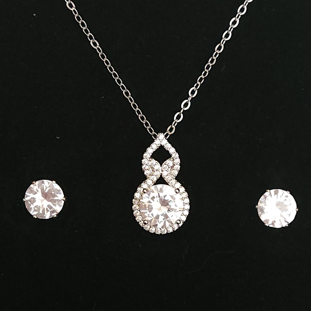 White Gold Tone And 3CT Lab Diamond Infinity Necklace And Stud Earring Set